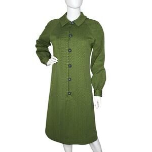 Vtg 70s Midi Dress Mod Double Knit Polyester Olive Green Size M Twee Grannycore